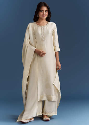 White Banarasi Tissue Kurta Set With Zardosi Neckline