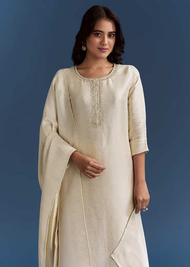 White Banarasi Tissue Kurta Set With Zardosi Neckline