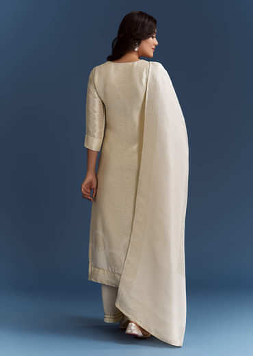 White Banarasi Tissue Kurta Set With Zardosi Neckline