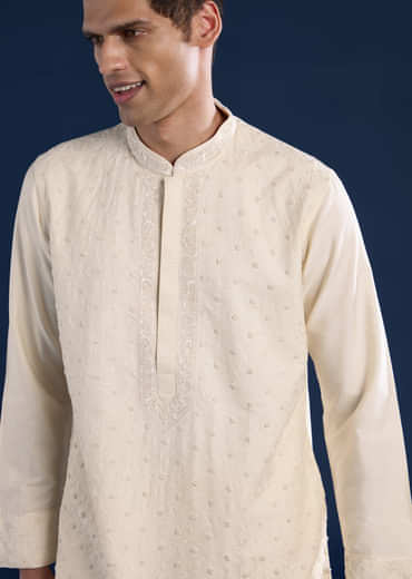 Cream Banarsi Silk Mens Kurta and Pant Set