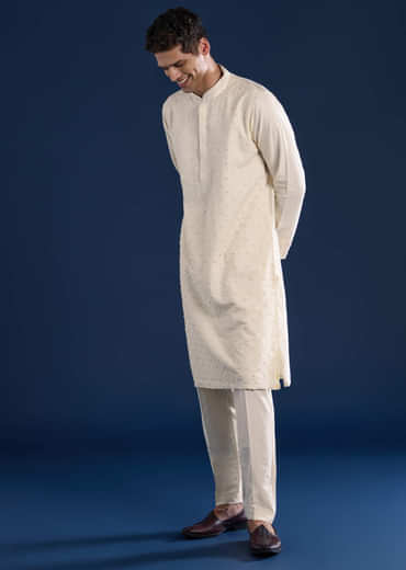 Cream Banarsi Silk Mens Kurta and Pant Set