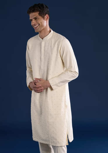 Cream Banarsi Silk Mens Kurta and Pant Set