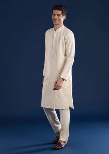Cream Banarsi Silk Mens Kurta and Pant Set