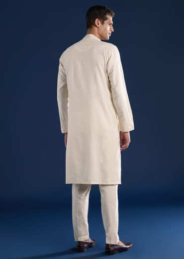 Cream Banarsi Silk Mens Kurta and Pant Set
