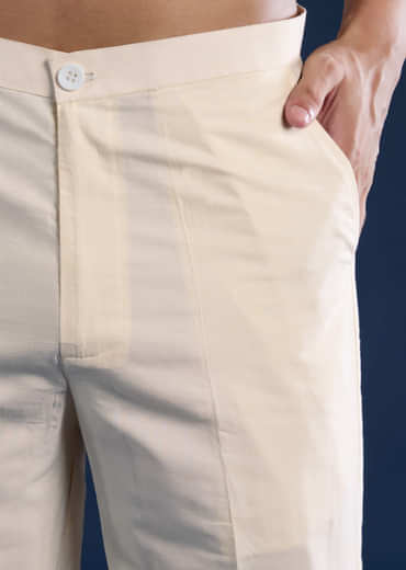 Cream Banarsi Silk Mens Kurta and Pant Set