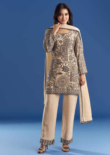 Cream Beaded Kurta Dupatta Set With Georgette Pant