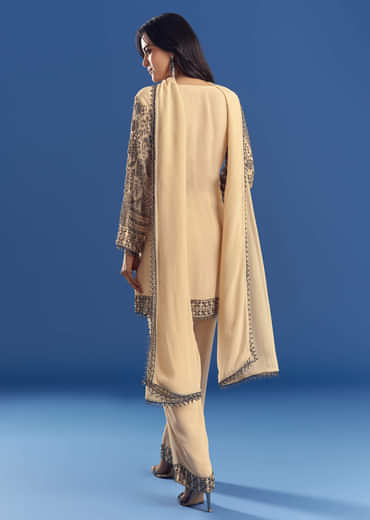 Cream Beaded Kurta Dupatta Set With Georgette Pant