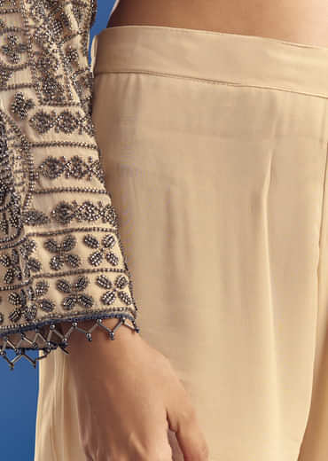 Cream Beaded Kurta Dupatta Set With Georgette Pant