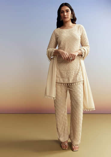 Cream Beaded Kurta Set with Dupatta
