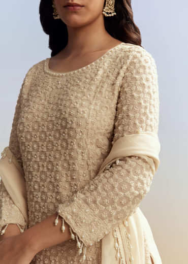 Cream Beaded Kurta Set with Dupatta
