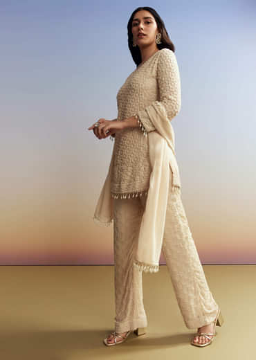 Cream Beaded Kurta Set with Dupatta