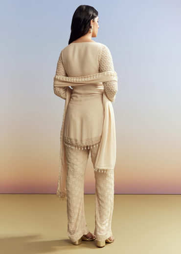 Cream Beaded Kurta Set with Dupatta