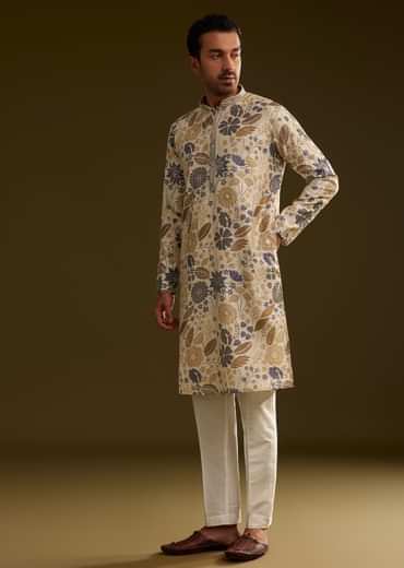 Cream Blue Silk Floral Printed Kurta Set