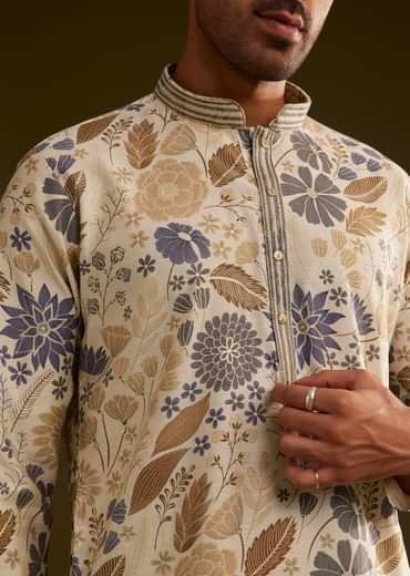Cream Blue Silk Floral Printed Kurta Set