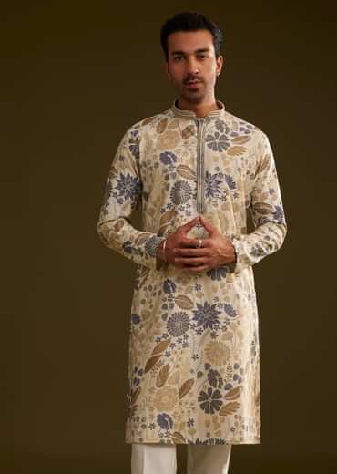 Cream Blue Silk Floral Printed Kurta Set