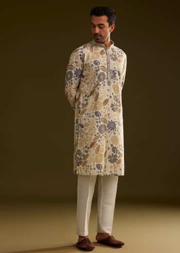 Cream Blue Silk Floral Printed Kurta Set