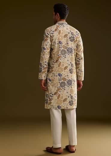 Cream Blue Silk Floral Printed Kurta Set