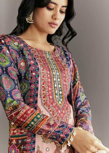 Cream Blue Tabby Silk Printed Kurta Palazzo With Dupatta