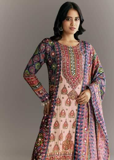 Cream Blue Tabby Silk Printed Kurta Palazzo With Dupatta