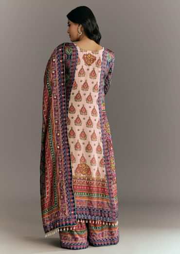 Cream Blue Tabby Silk Printed Kurta Palazzo With Dupatta