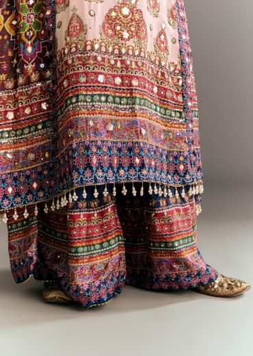 Cream Blue Tabby Silk Printed Kurta Palazzo With Dupatta