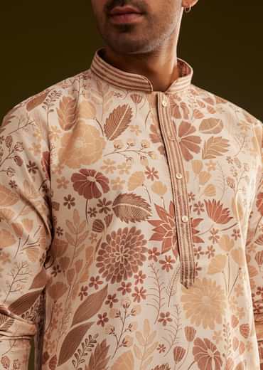 Cream Brown Silk Floral Printed Kurta Set