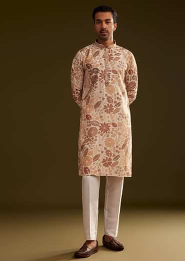 Cream Brown Silk Floral Printed Kurta Set