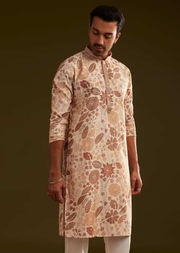 Cream Brown Silk Floral Printed Kurta Set