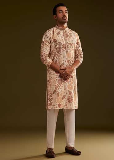 Cream Brown Silk Floral Printed Kurta Set