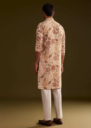 Cream Brown Silk Floral Printed Kurta Set