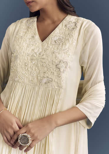 Cream Chinon Anarkali Suit With Moti And Thread Embroidery