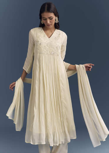 Cream Chinon Anarkali Suit With Moti And Thread Embroidery