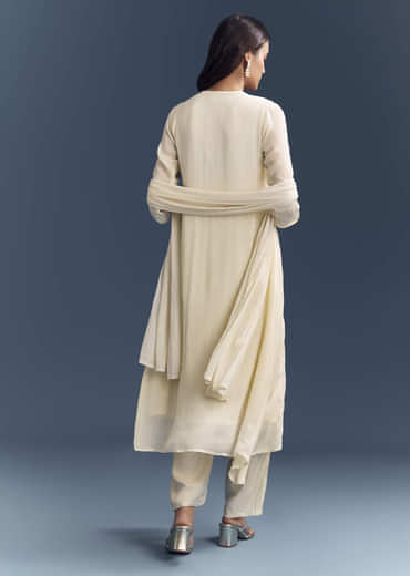 Cream Chinon Anarkali Suit With Moti And Thread Embroidery