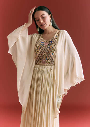 Cream Chinon Embroidered Gown With Flared Sleeves