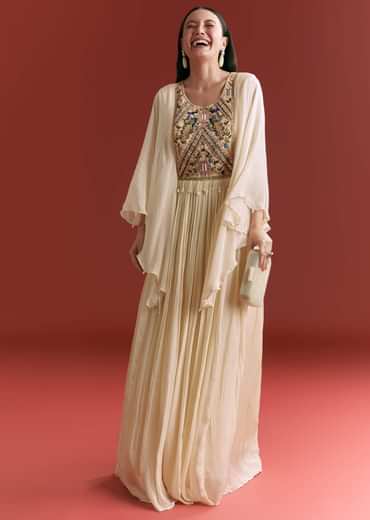 Cream Chinon Embroidered Gown With Flared Sleeves