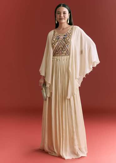 Cream Chinon Embroidered Gown With Flared Sleeves