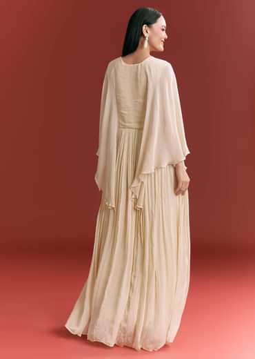 Cream Chinon Embroidered Gown With Flared Sleeves