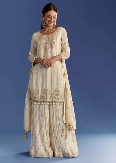 Cream Chinon Kurta Palazzo Set With Resham And Sequins Work