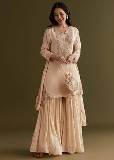 Cream Chinon Kurta Sharara Suit With Embroidered Dupatta