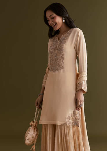 Cream Chinon Kurta Sharara Suit With Embroidered Dupatta