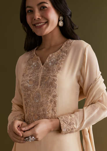 Cream Chinon Kurta Sharara Suit With Embroidered Dupatta
