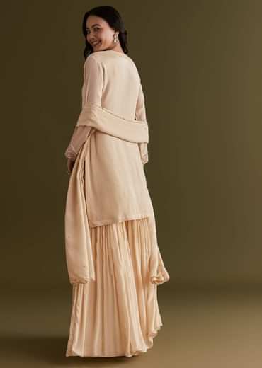 Cream Chinon Kurta Sharara Suit With Embroidered Dupatta