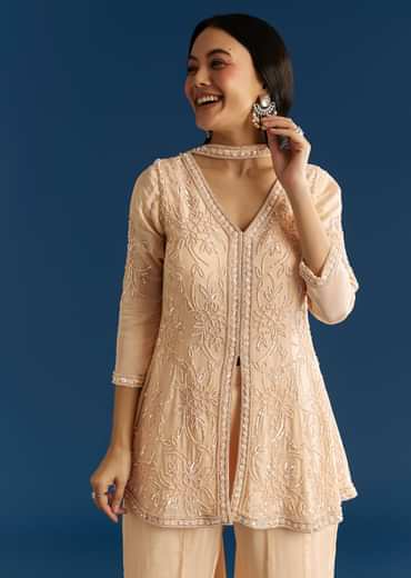 Cream Chinon Moti Embroidered Kurta Palazzo Set With Choker Style Dupatta