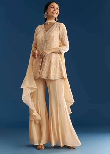 Cream Chinon Moti Embroidered Kurta Palazzo Set With Choker Style Dupatta