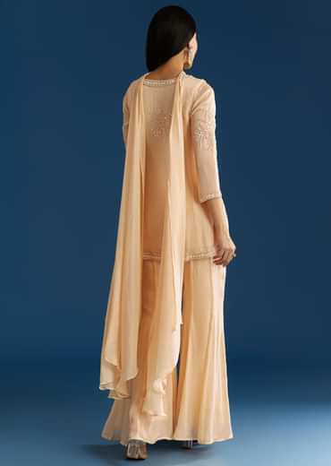 Cream Chinon Moti Embroidered Kurta Palazzo Set With Choker Style Dupatta
