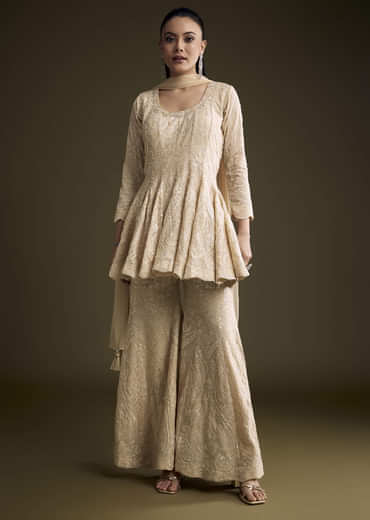 Cream Chinon Palazzo Suit With Sequins And Resham Work