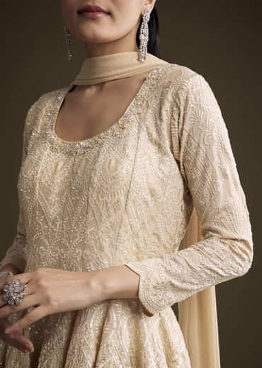 Cream Chinon Palazzo Suit With Sequins And Resham Work