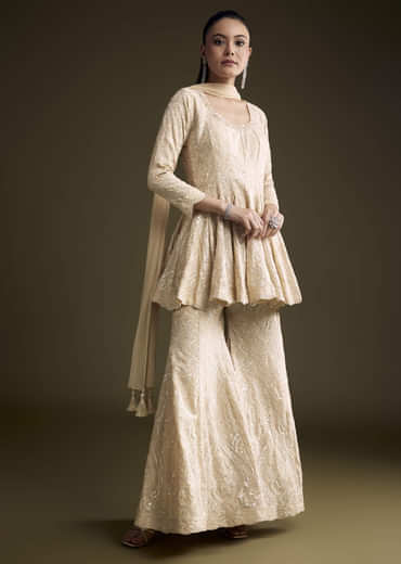 Cream Chinon Palazzo Suit With Sequins And Resham Work