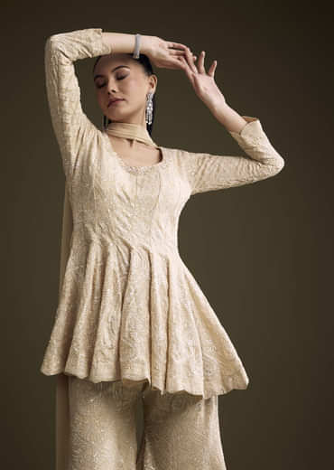 Cream Chinon Palazzo Suit With Sequins And Resham Work