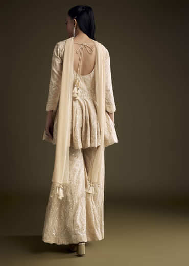 Cream Chinon Palazzo Suit With Sequins And Resham Work